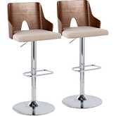 Ariana Adjustable Swivel Bar Stool in Chrome, Walnut Wood & Beige Fabric (Set of 2)